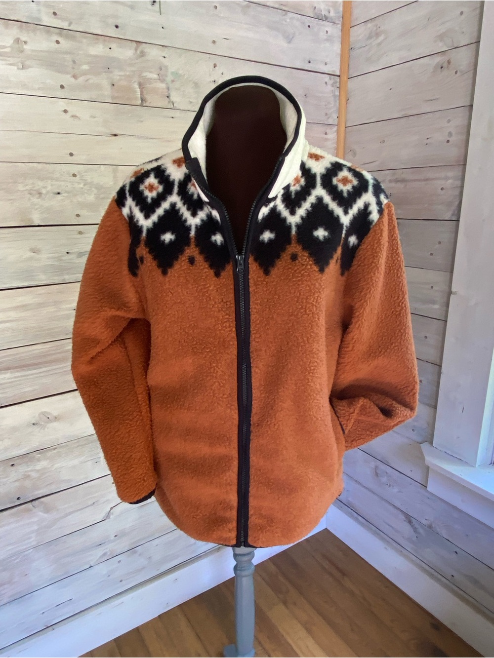 Lands' End Rust Orange Teddy Jacket with Black & White Nordic Yoke